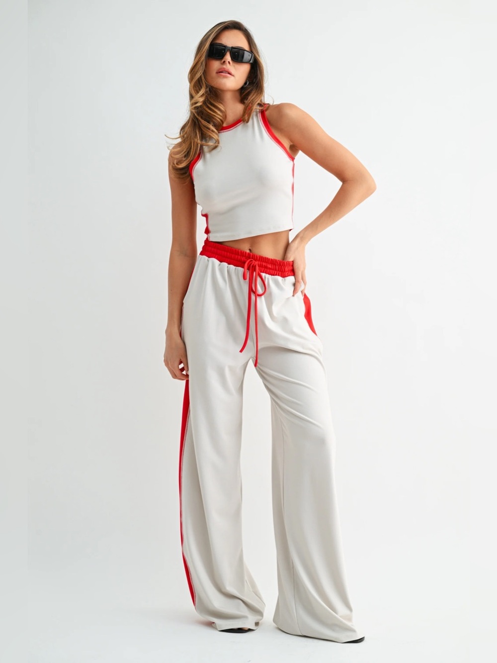 NWT White Wide-Leg Track Pants with Red Side Trim | 2 Piece Matching Set